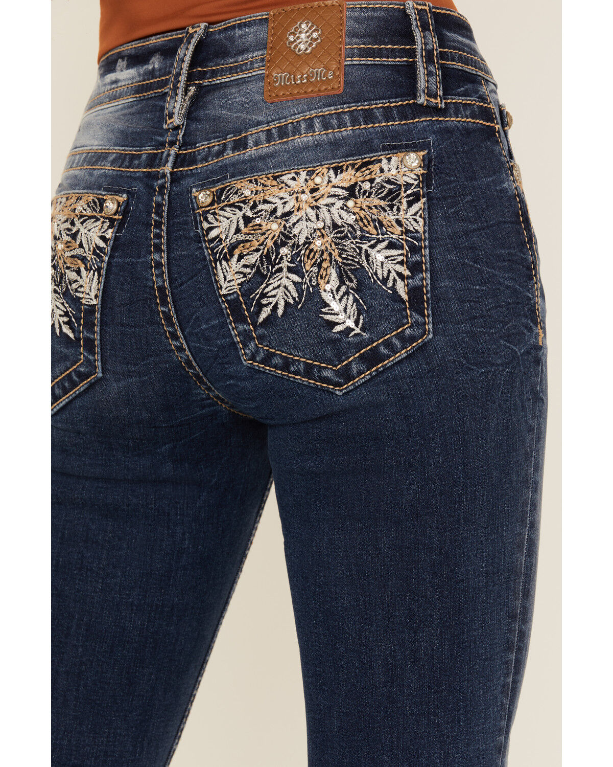 Image #2 - Miss Me Women's Dark Wash Mid Rise Leaf Pocket 32" Bootcut Stretch Denim Jeans, Dark Wash, hi-res