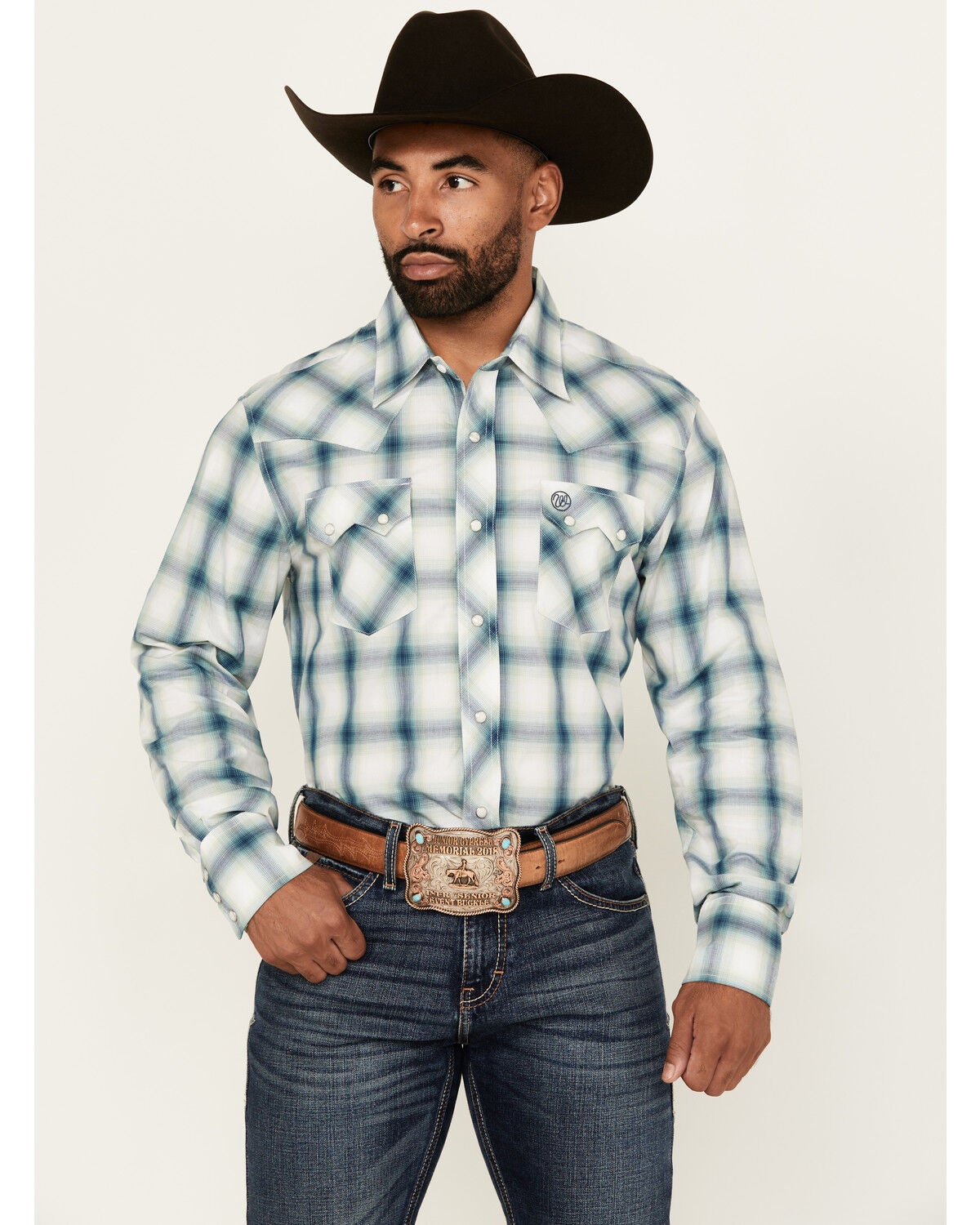 Wrangler Retro Men's Plaid Print Long Sleeve Snap Western Shirt, Turquoise, hi-res