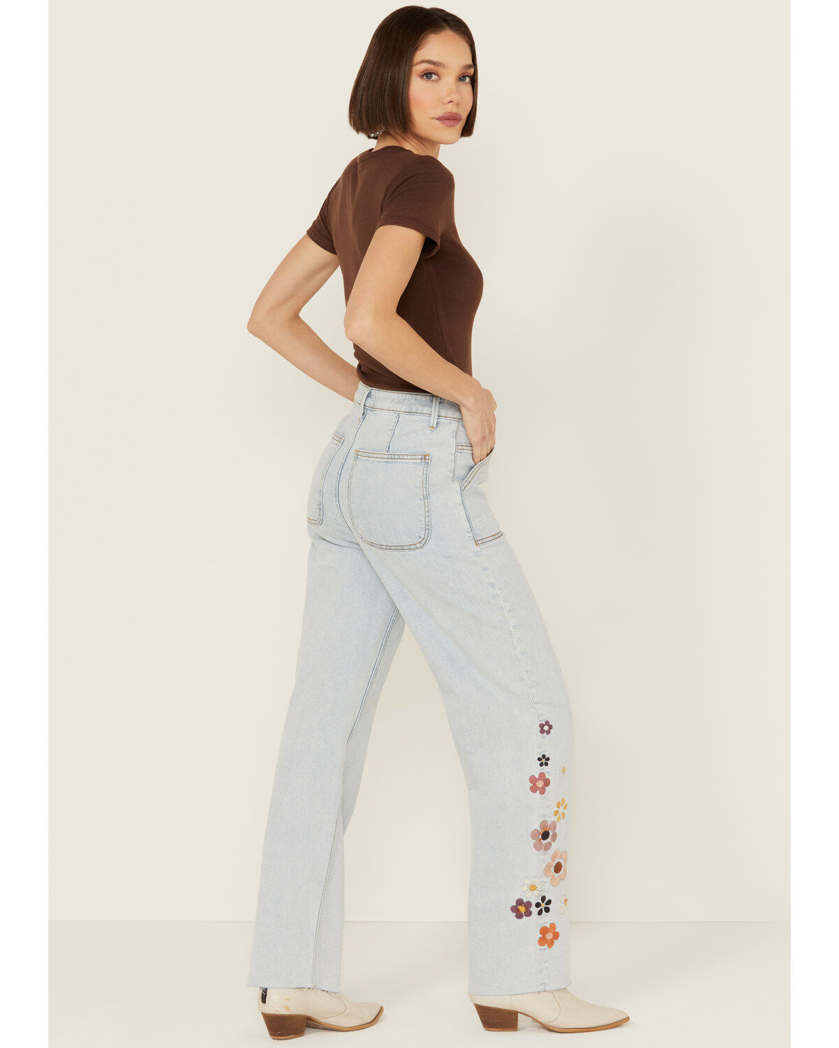 Image #3 - Driftwood Women's Callie X Boogie Nights Light Wash High Rise Floral Embroidered Straight Stretch Denim Jeans, Light Wash, hi-res