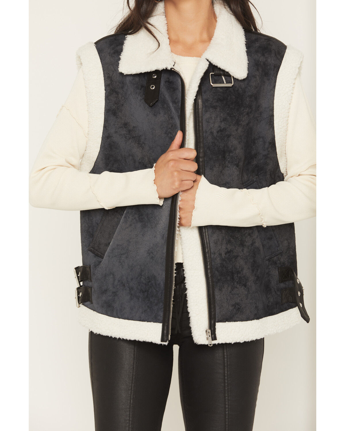 Image #3 - Elan Women's Sherpa Lined Moto Vest, Charcoal, hi-res