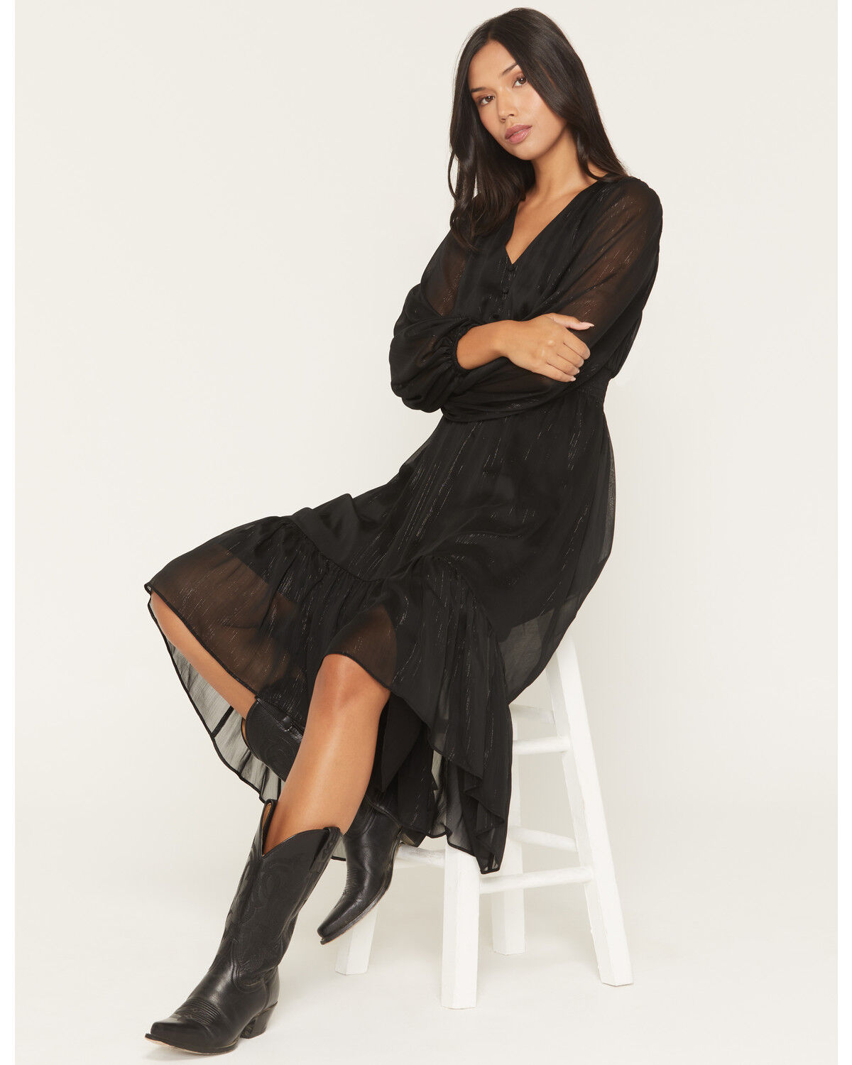 Image #1 - Shyanne Women's Josephine Faux Button-Down Long Sleeve Lurex Midi Dress, Black, hi-res