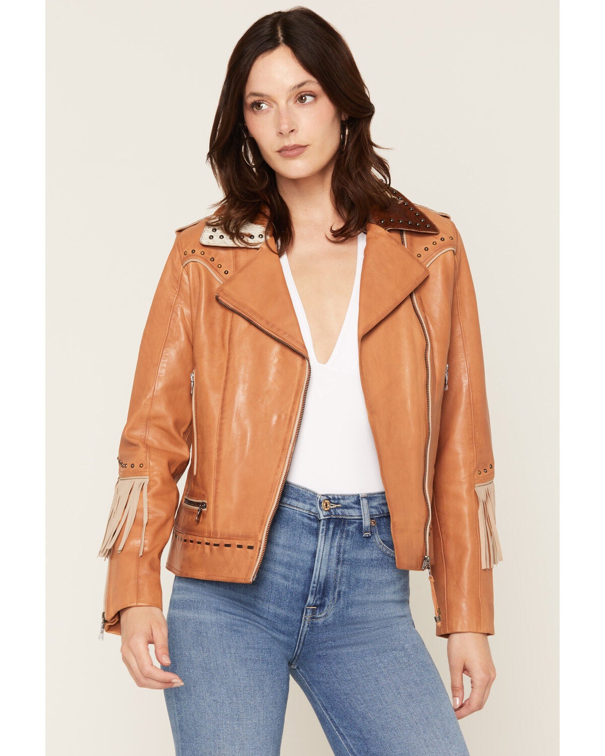 Scully Women's Studded Fringe Cowhide Jacket, Tan, hi-res