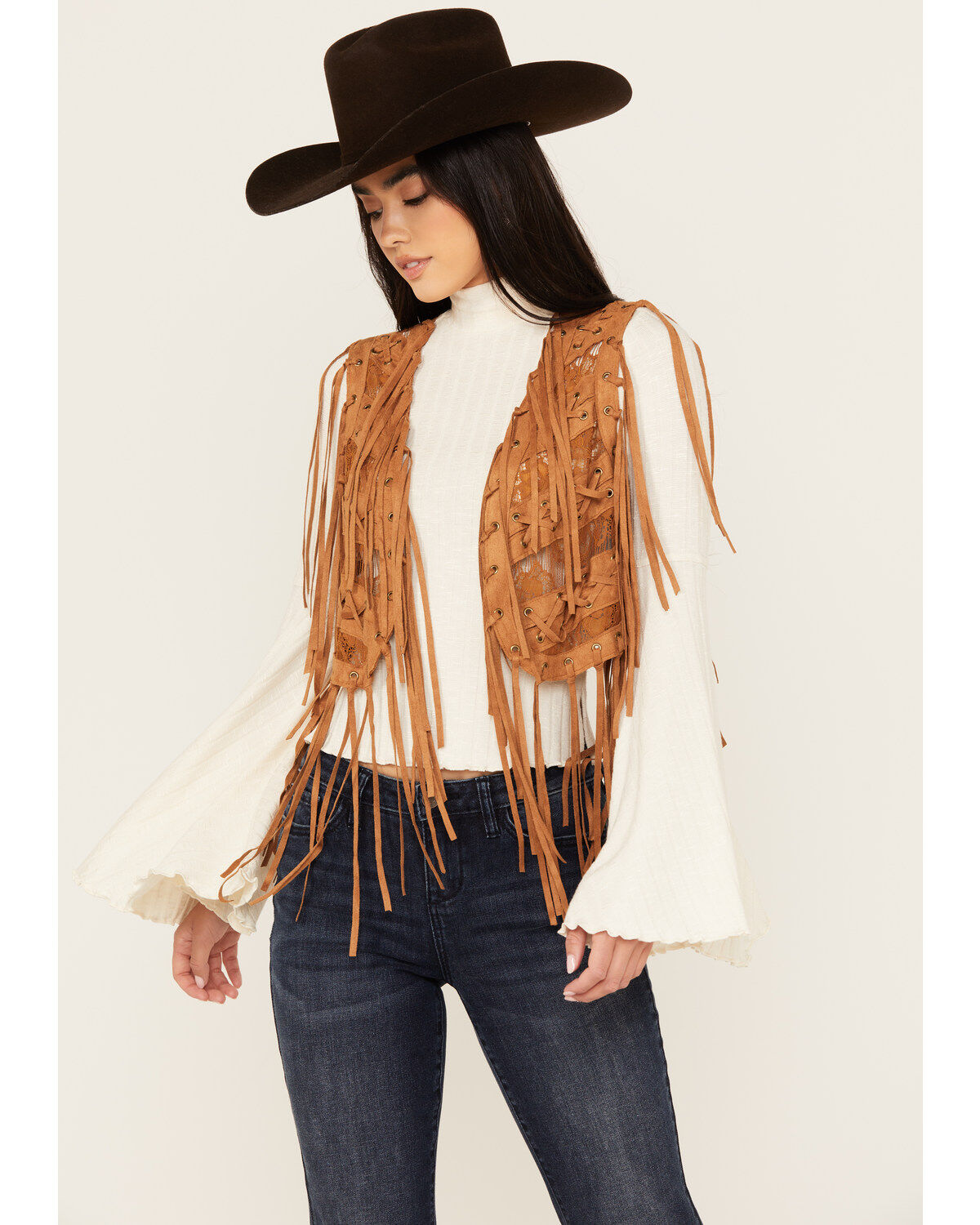 Image #1 - Vocal Women's Braided Lace Fringe Vest, Camel, hi-res