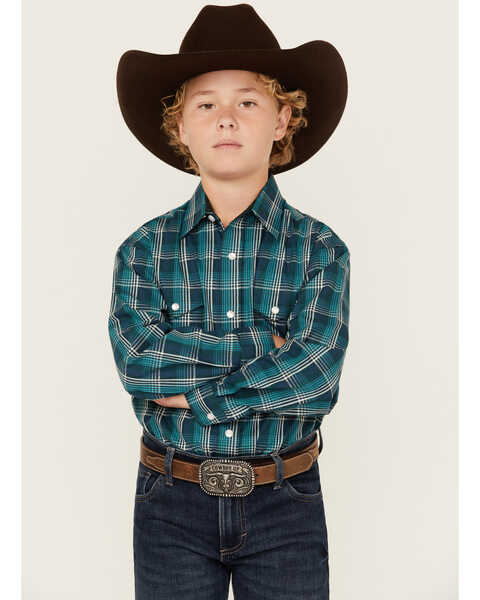 Panhandle Select Boys' Plaid Print Long Sleeve Pearl Snap Western Shirt, Teal, hi-res