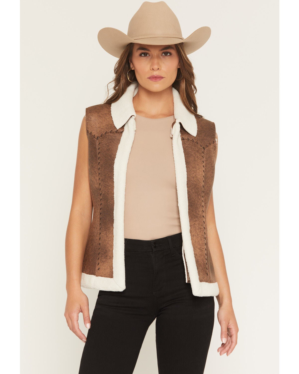 Cripple Creek Women's Shearling Faux Suede Vest, Brown, hi-res