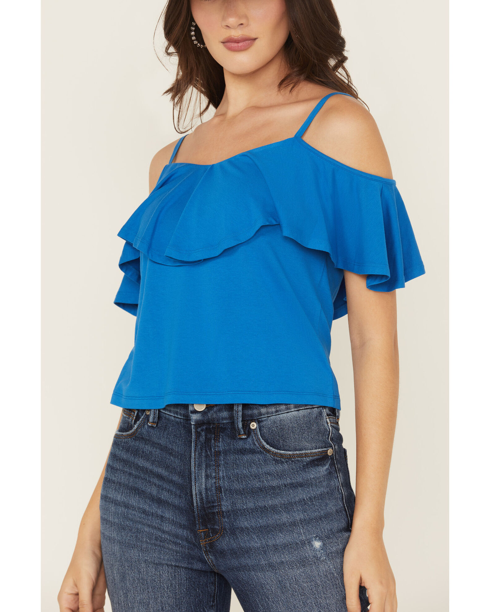 Image #3 - Shyanne Women's Cold Shoulder Ruffle Tank Top, Medium Blue, hi-res