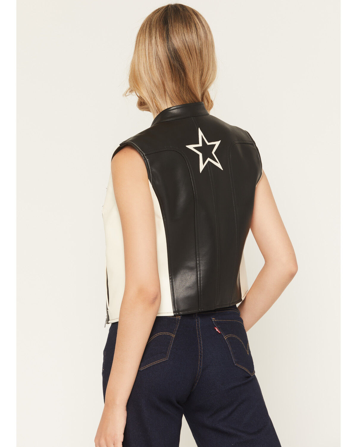 Image #3 - Stoosh Women's Star Faux Leather Zip-Up Vest, Black/white, hi-res