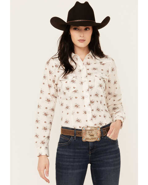 Roper Women's Floral Print Long Sleeve Snap Western Shirt , Cream, hi-res