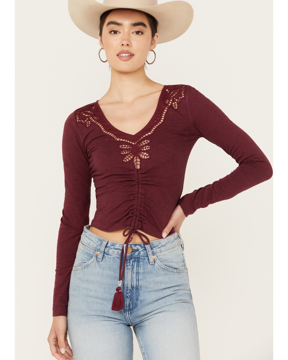 Shyanne Women's Long Sleeve Cutwork Front Tie Top, Maroon, hi-res