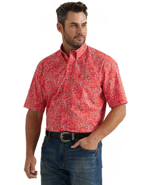 George Strait by Wrangler Men's Paisley Print Short Sleeve Button-Down Stretch Western Shirt - Tall , Red, hi-res