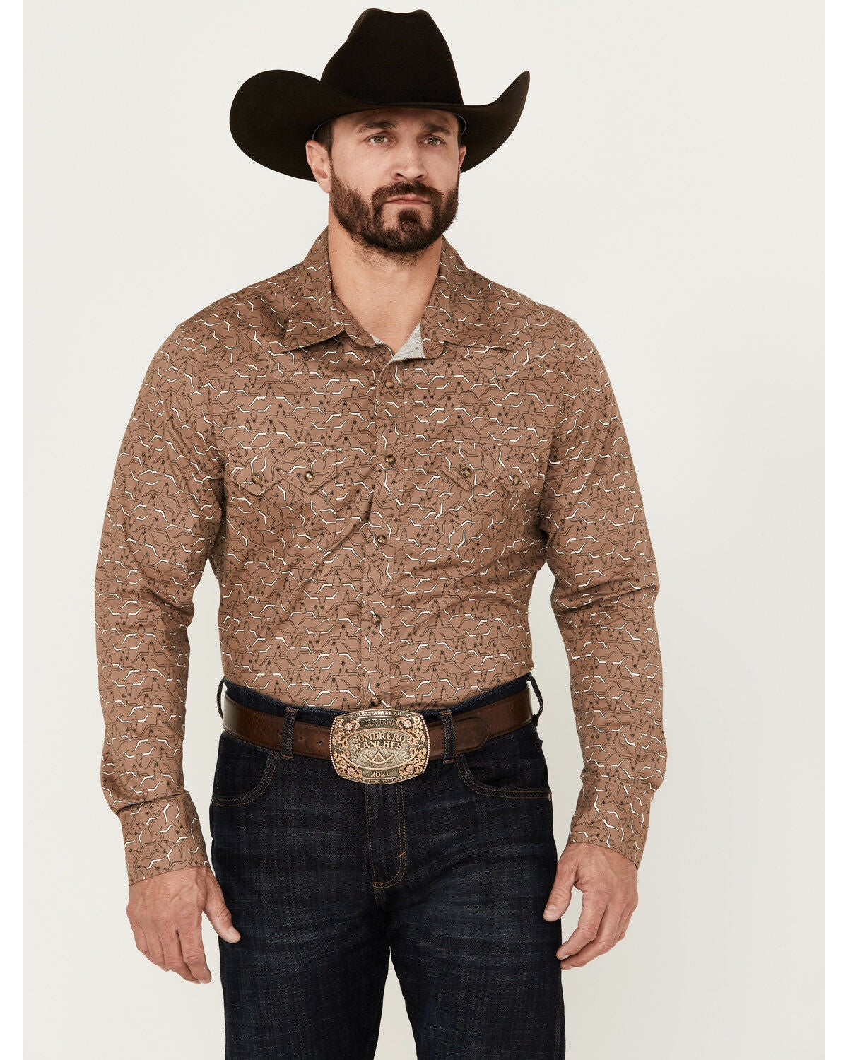 Rock & Roll Denim Men's Longhorn Print Long Sleeve Pearl Snap Stretch Western Shirt, Brown, hi-res