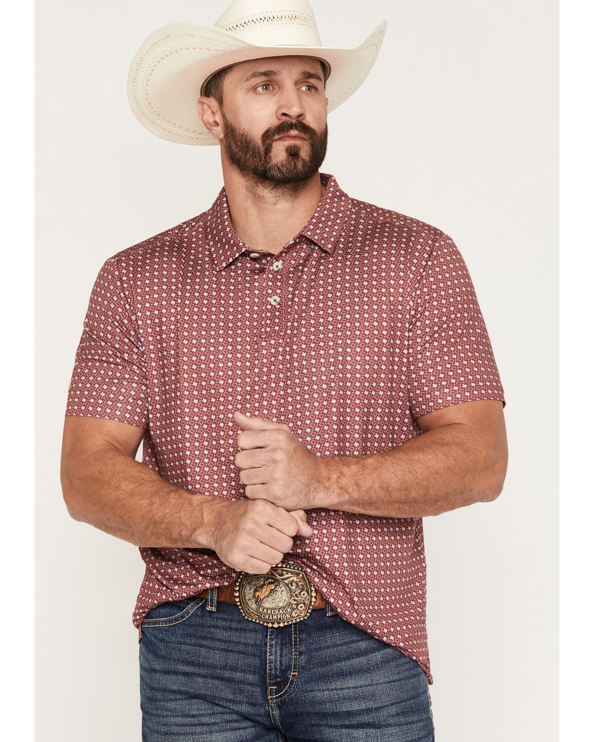 Image #1 - Burlebo Men's Texas Short Sleeve Button-Down Performance Polo Shirt, Maroon, hi-res