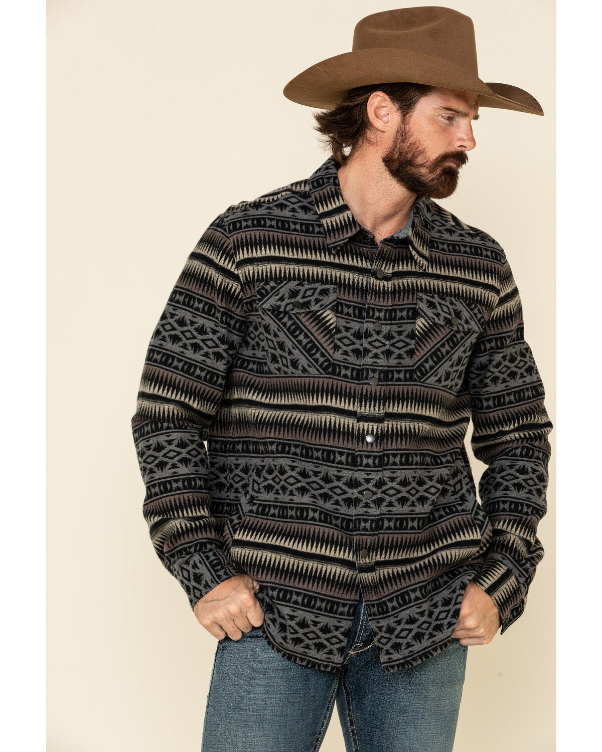 Rock & Roll Denim Men's Jacquard Southwestern Print Border Jacket, Grey, hi-res