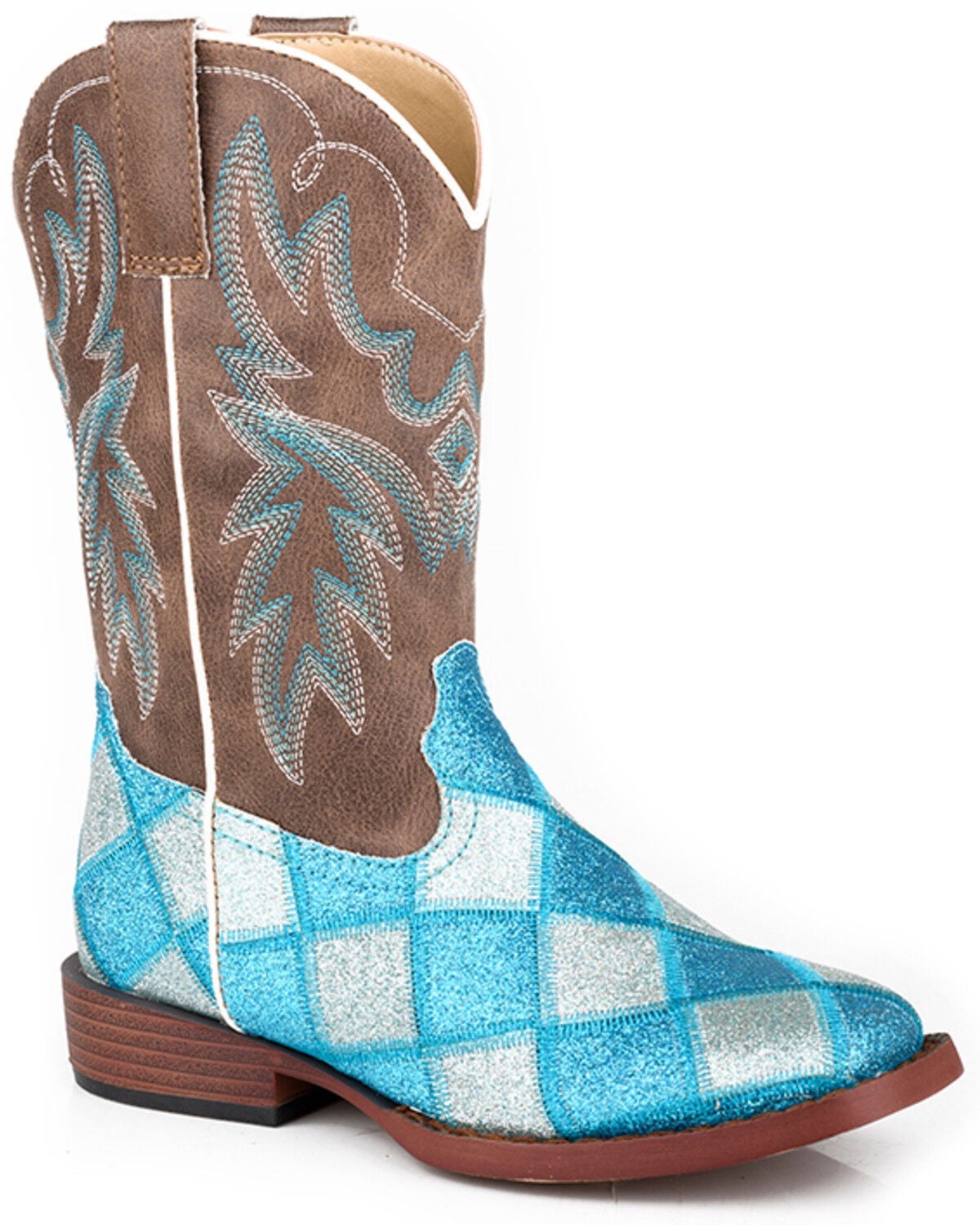 Roper Little Girls' Glitter Blocks Western Boots - Broad Square Toe, Blue, hi-res