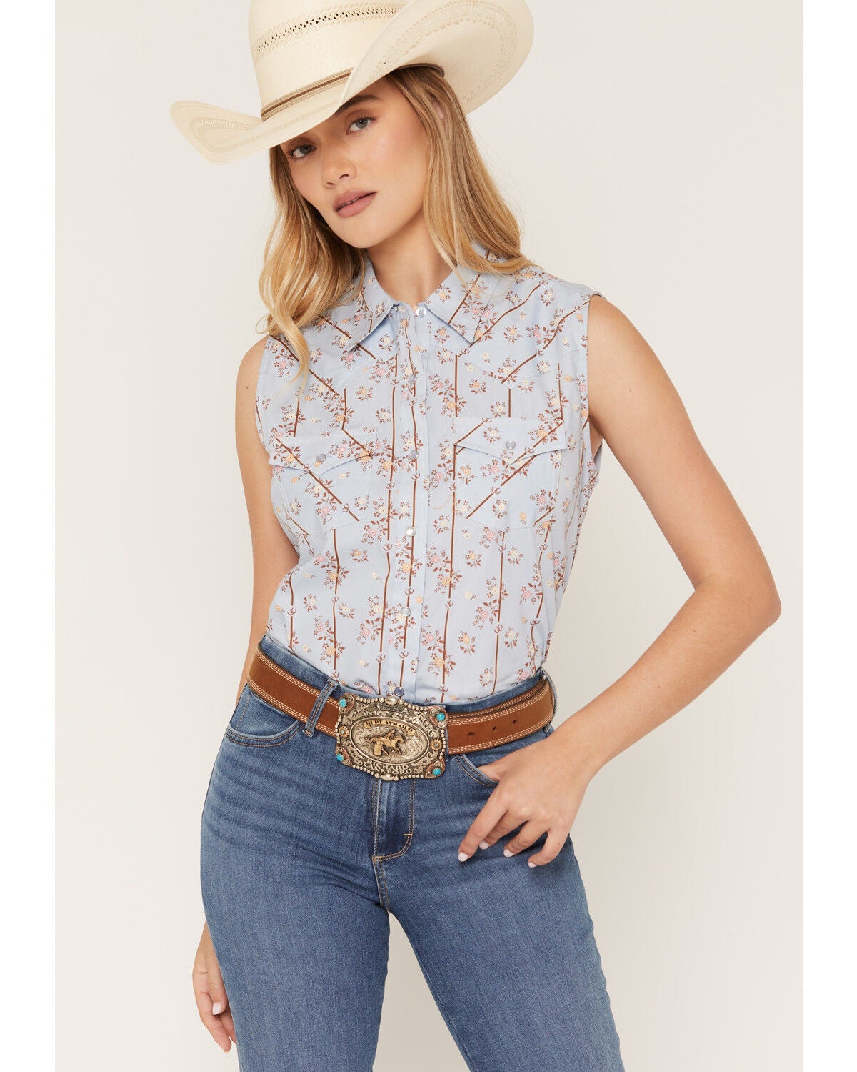 Ely Walker Women's Boot Barn Exclusive Floral Horseshoe Print Sleeveless Pearl Snap Western Shirt, Blue, hi-res
