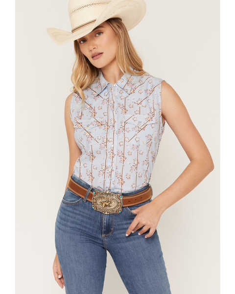 Ely Walker Women's Boot Barn Exclusive Floral Horseshoe Print Sleeveless Pearl Snap Western Shirt, Blue, hi-res
