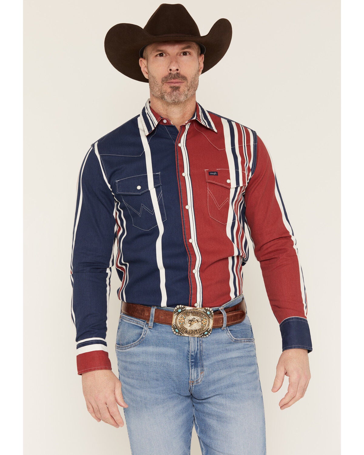 Wrangler Men's Vintage Brushpopper Striped Long Sleeve Snap Western Shirt, Blue, hi-res