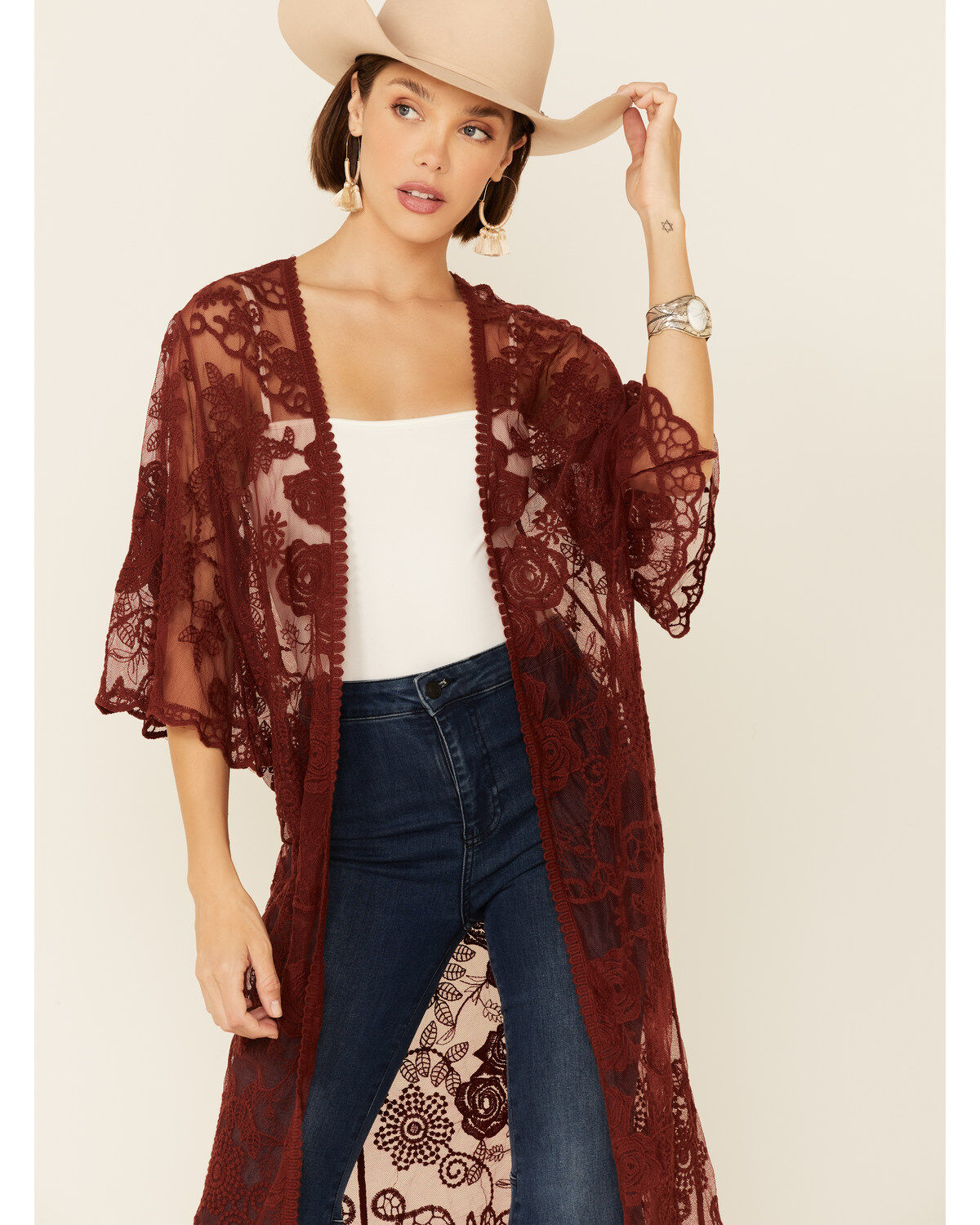 Image #2 - Shyanne Women's Lace Duster Kimono, Chocolate, hi-res