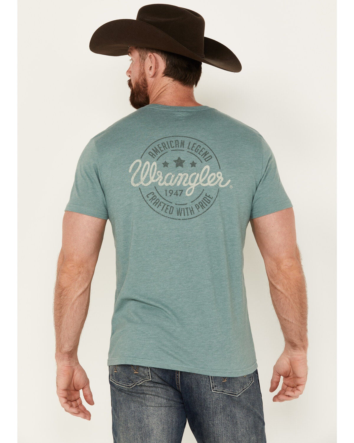 Image #4 - Wrangler Men's Boot Barn Exclusive Stamped Logo Short Sleeve Graphic T-Shirt, , hi-res