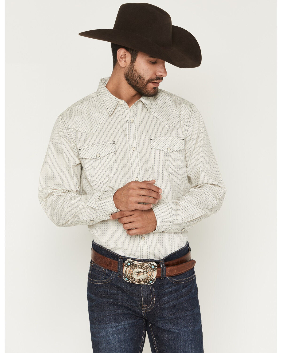 Image #1 - Gibson Trading Co Men's Tulsa Striped Long Sleeve Snap Western Shirt - Big, Ivory, hi-res