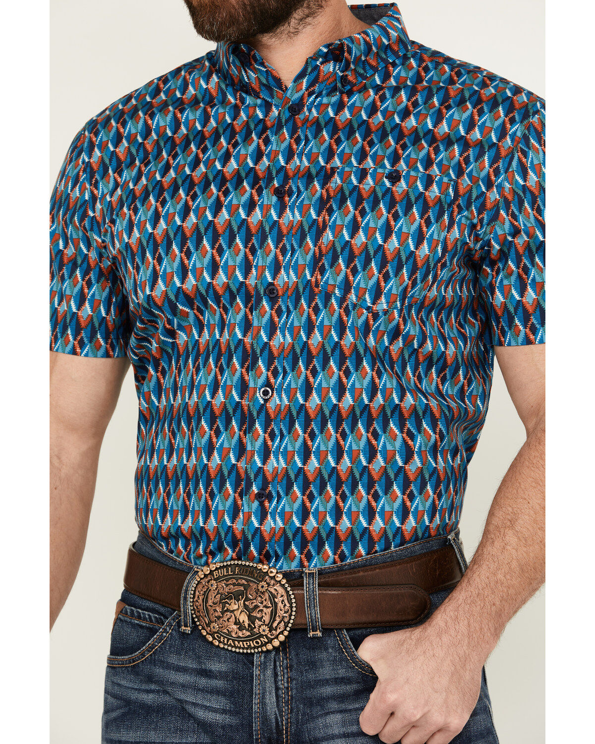 Image #3 - RANK 45® Men's Weststamp Southwestern Geo Print Short Sleeve Button-Down Stretch Western Shirt, Dark Blue, hi-res