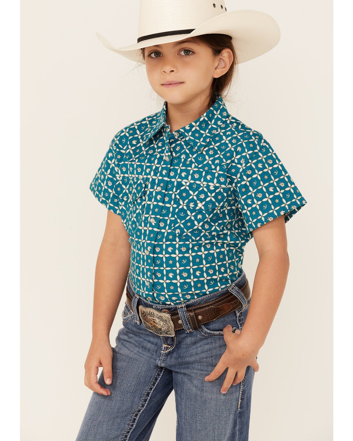 RANK 45&reg; Girls' Floral Horse Print Short Sleeve Pearl Snap Rodeo Shirt, Teal, hi-res