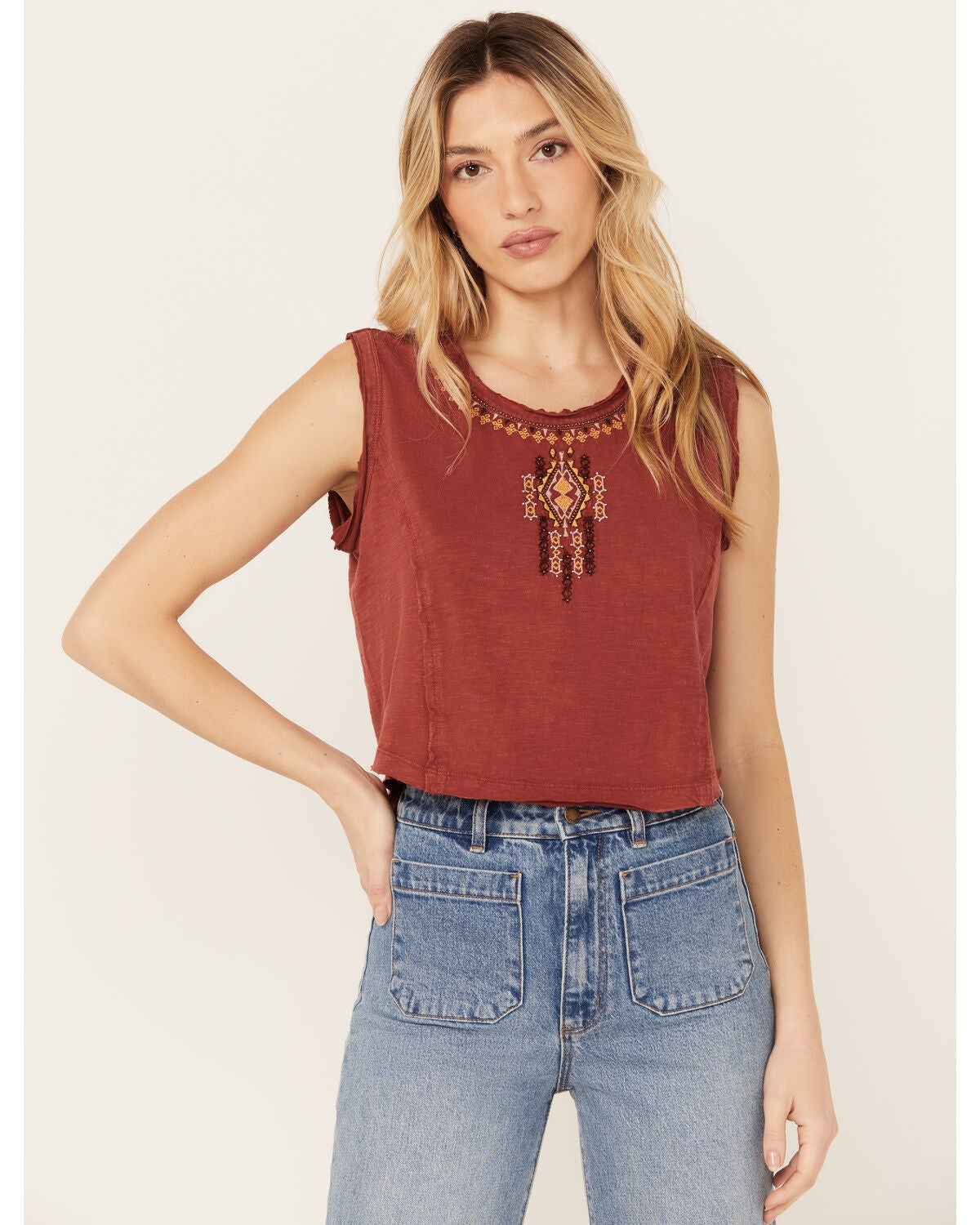 Shyanne Women's Embroidered Slub Jersey Top, Fired Brick, hi-res