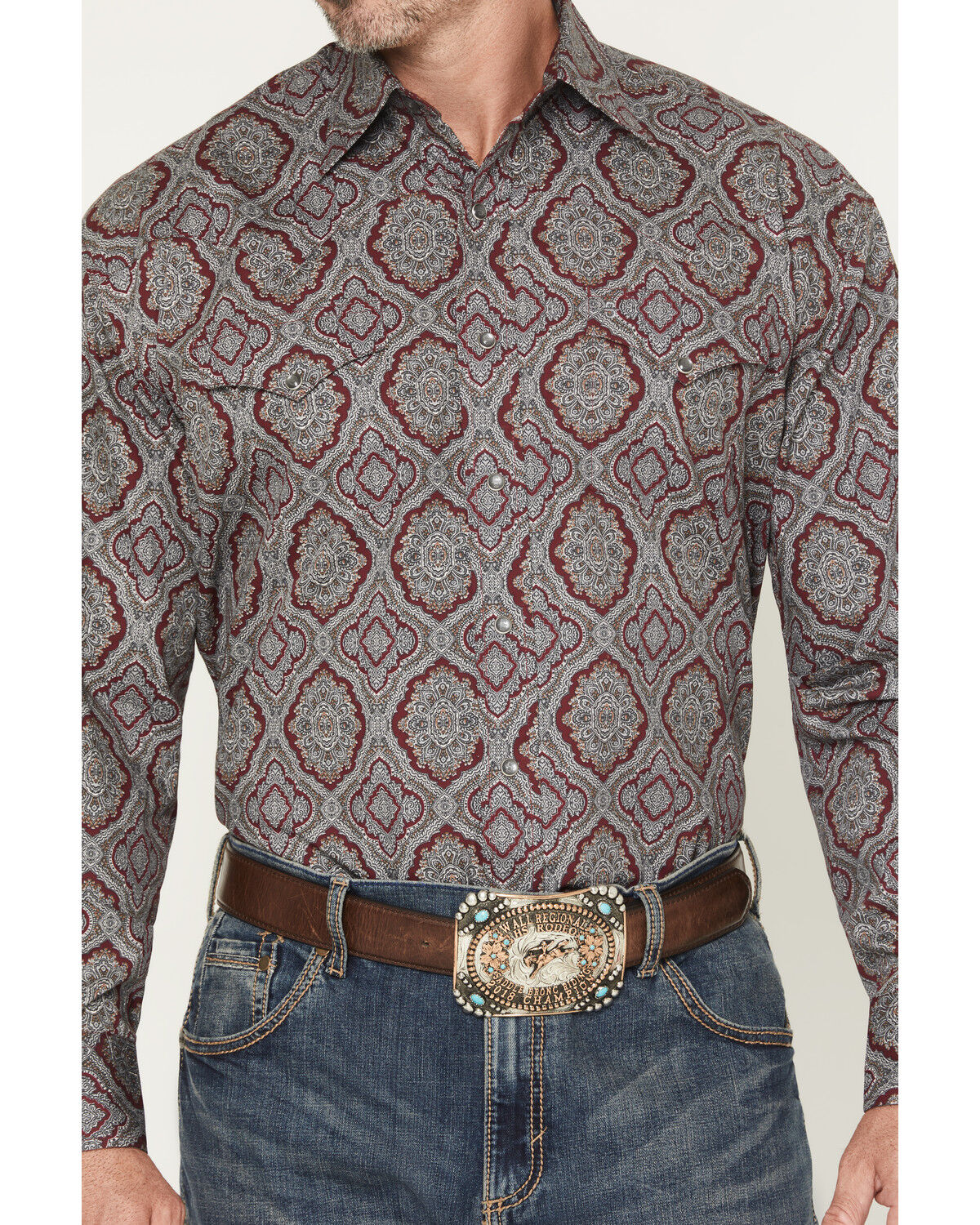 Image #3 - Stetson Men's Medallion Print Long Sleeve Snap Western Shirt, Wine, hi-res