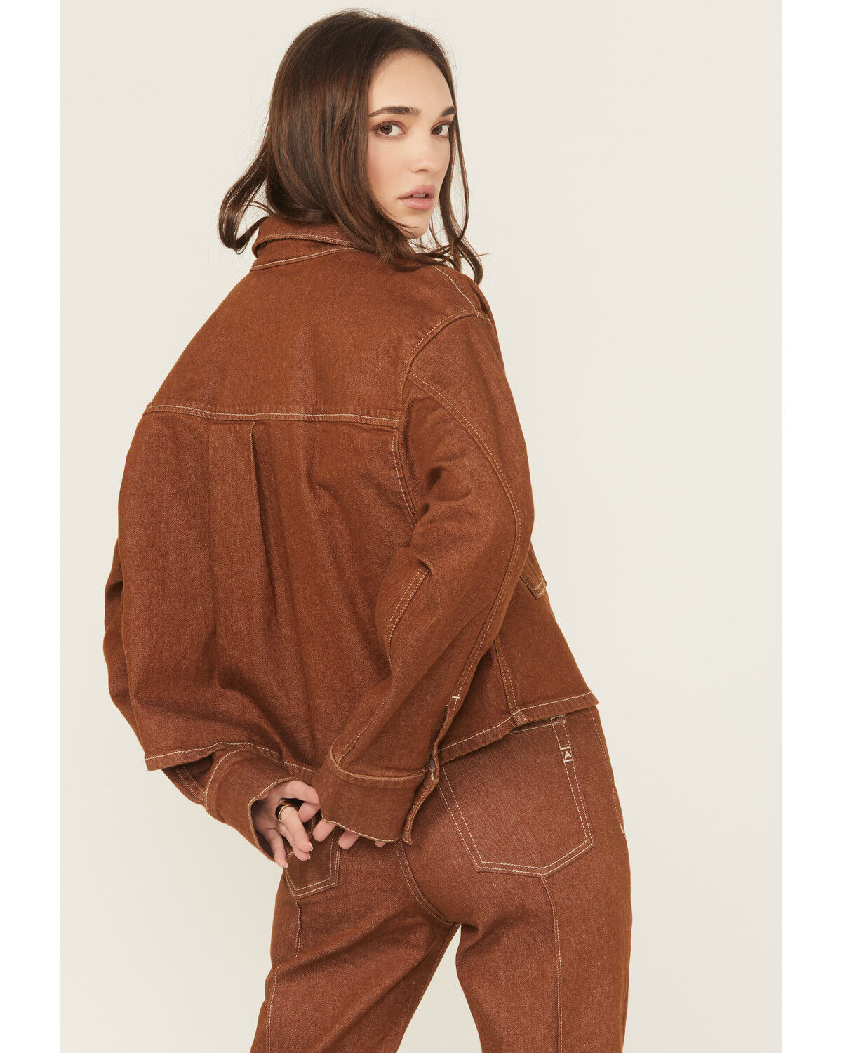 Image #4 - Ariat Women's Long Sleeve Boxy Cropped Denim Shirt, Brown, hi-res