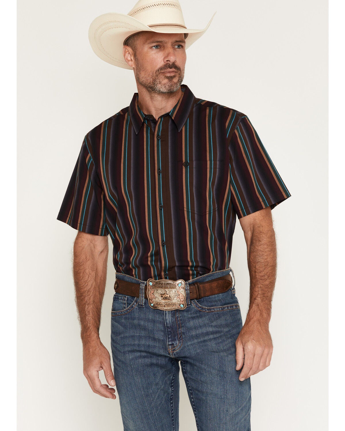 Cody James Men's Striper Striped Short Sleeve Button-Down Stretch Western Shirt, Multi, hi-res