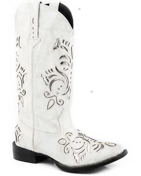 Roper Women's Belle Underlay Fashion Western Boots - Wide Square Toe , White, hi-res