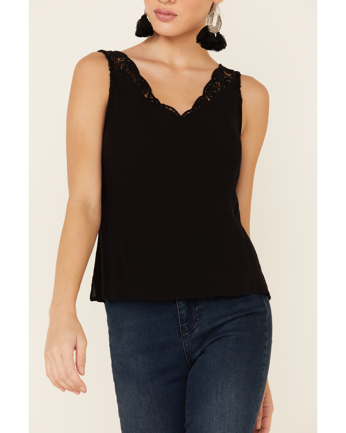 Image #3 - Shyanne Women's Black Ladder Lace Trim Tank Top , , hi-res