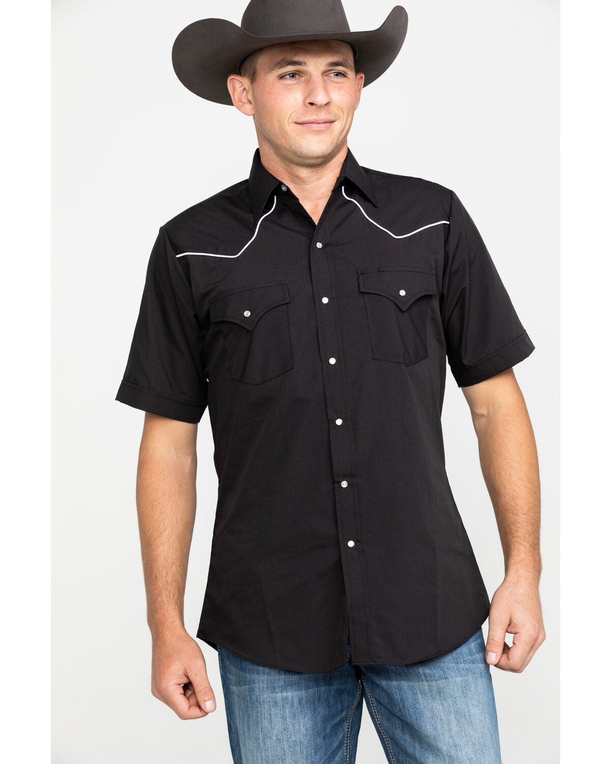 Ely Short Sleeve Black Western Shirt, Black, hi-res