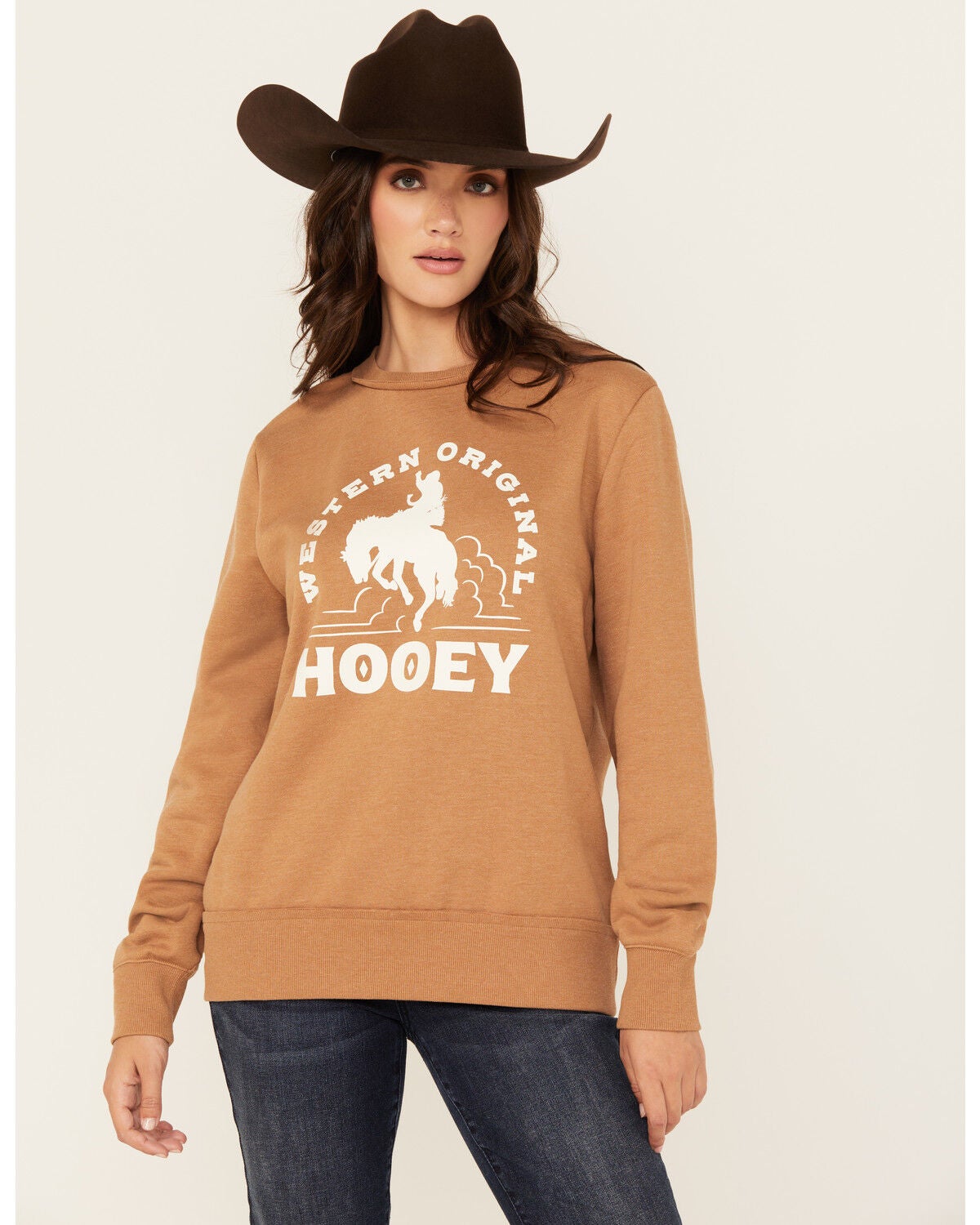 Hooey Women's Boot Barn Exclusive Bronco Graphic Crewneck Sweatshirt, Tan, hi-res