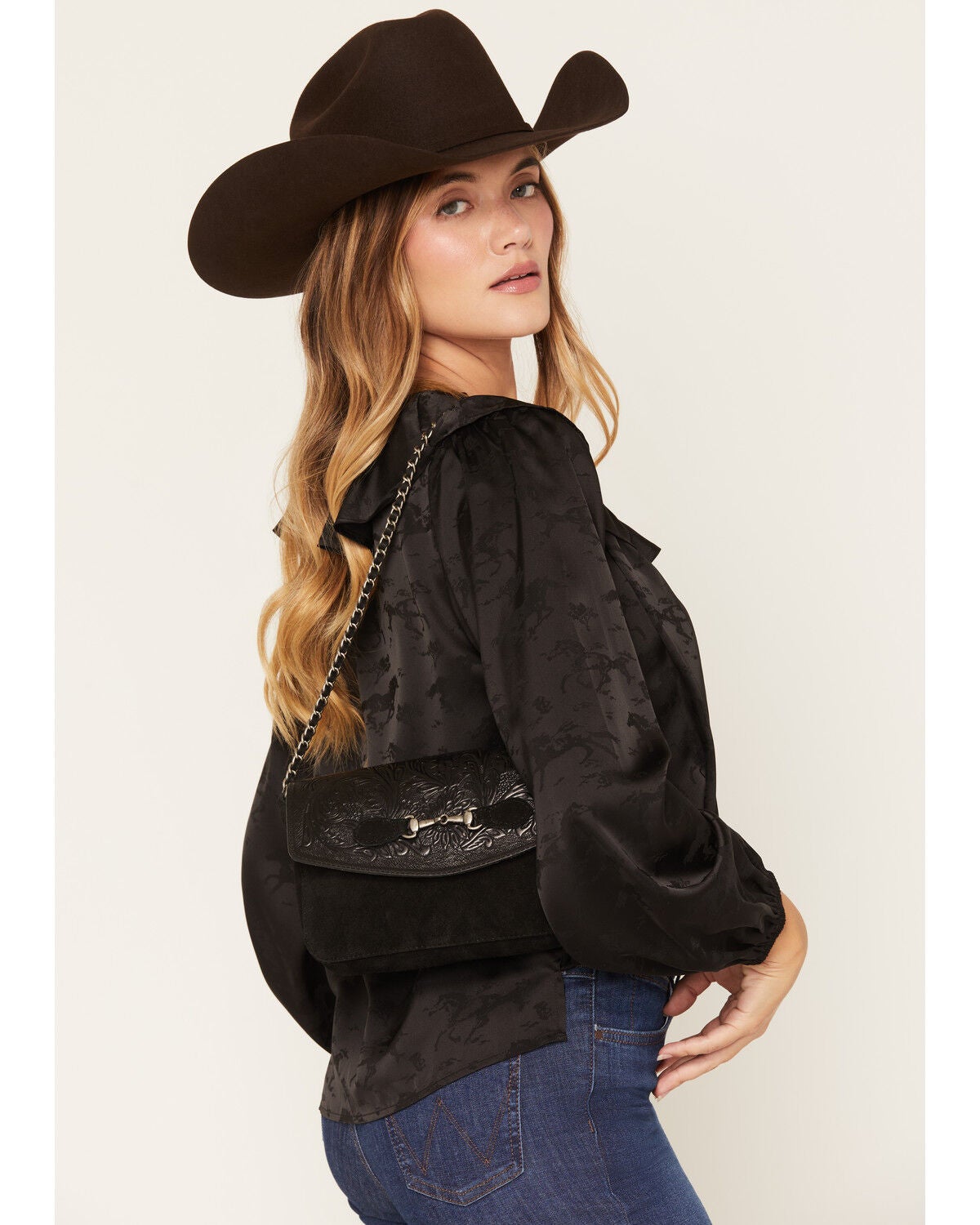 Image #1 - Shyanne Women's Marlowe Tooled Leather Horse Bit Shoulder Bag, Black, hi-res