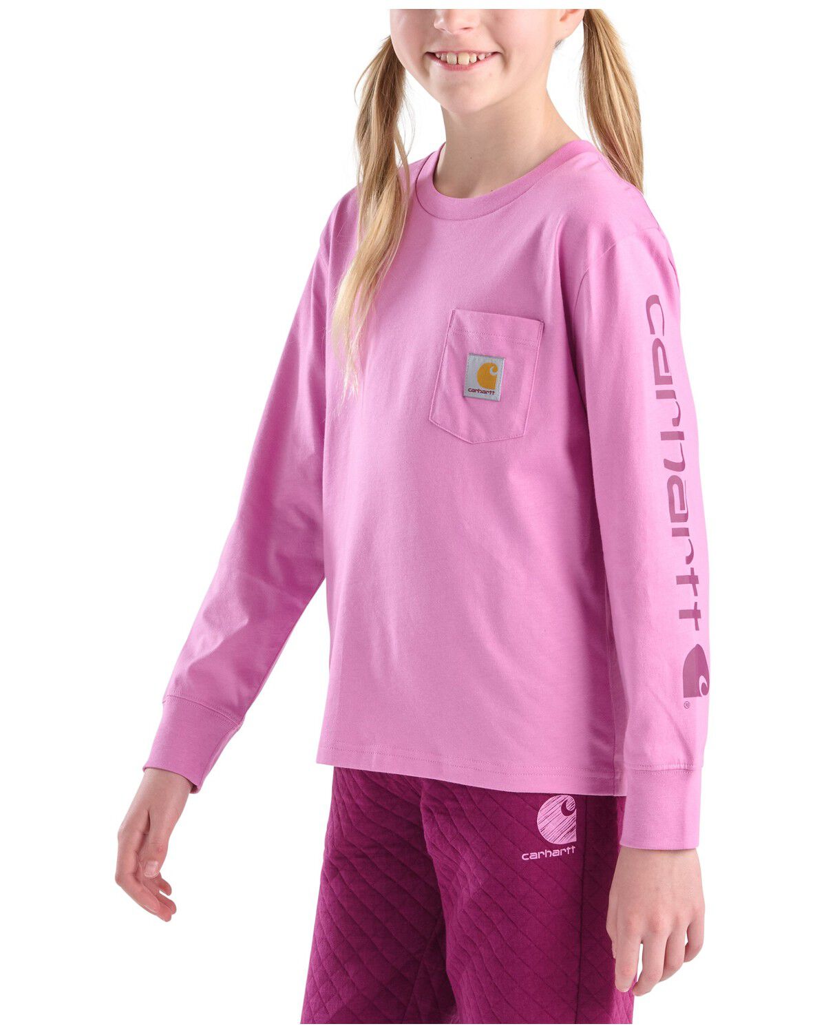Image #2 - Carhartt Girls' Logo Long Sleeve Graphic Pocket Tee, Pink, hi-res