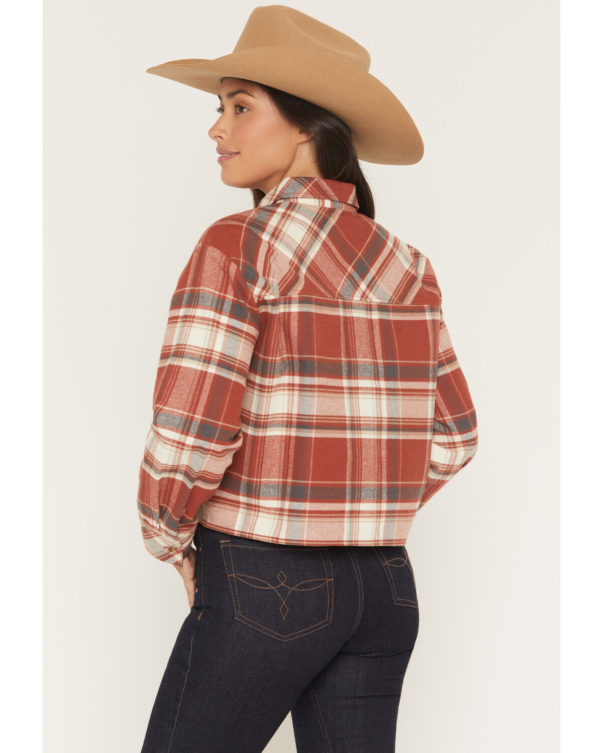 Image #4 - Shyanne Women's Pershing Plaid Print Long Sleeve Cropped Flannel Shirt, Caramel, hi-res