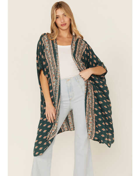 Angie Women's Floral Print Kimono Duster, Forest Green, hi-res