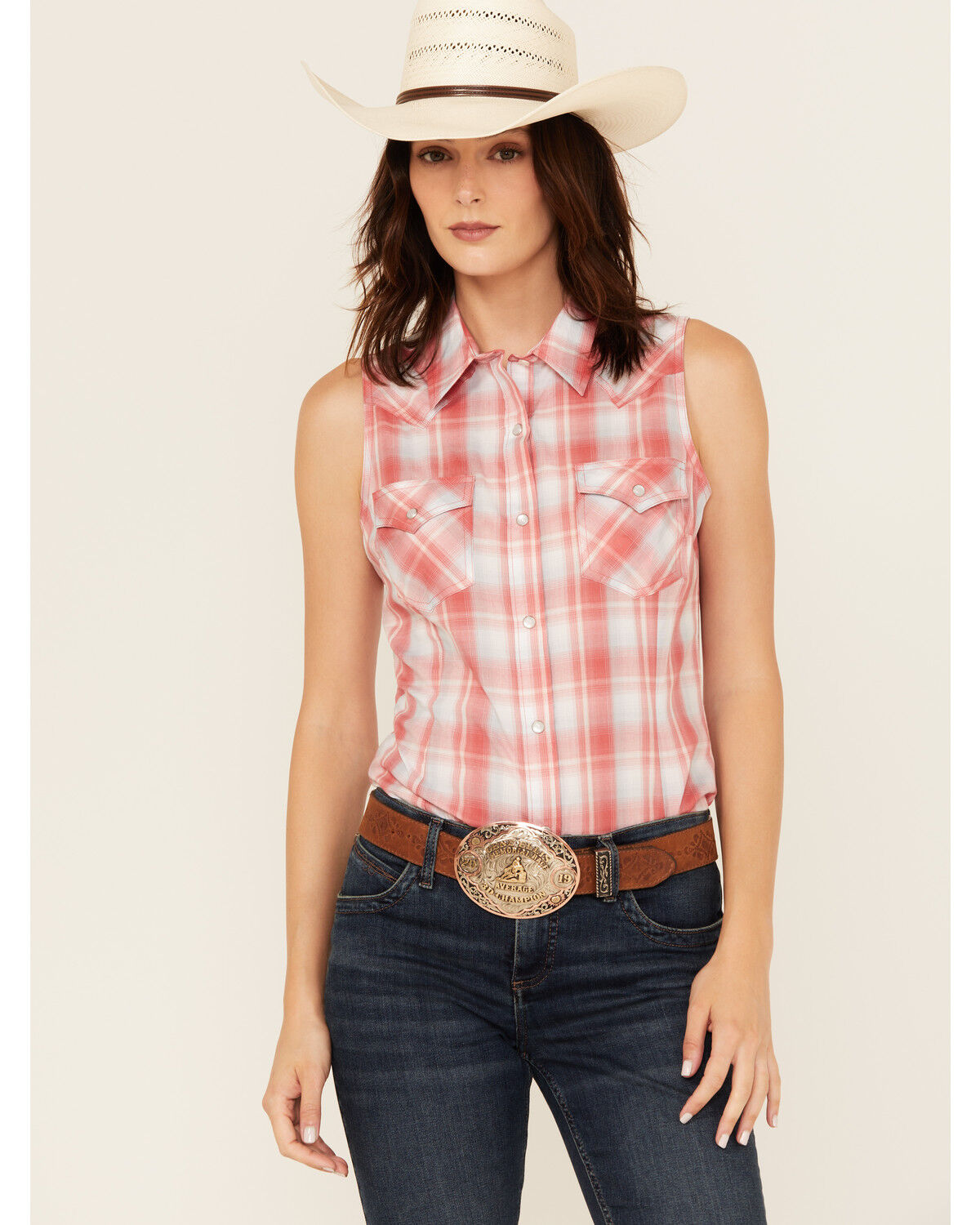 Wrangler Retro Women's Boot Barn Exclusive Plaid Print Sleeveless Pearl Snap Shirt, Red, hi-res