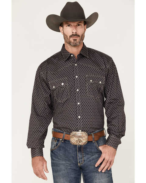 Resistol Men's Axcel Geo Print Long Sleeve Snap Western Shirt , Navy, hi-res