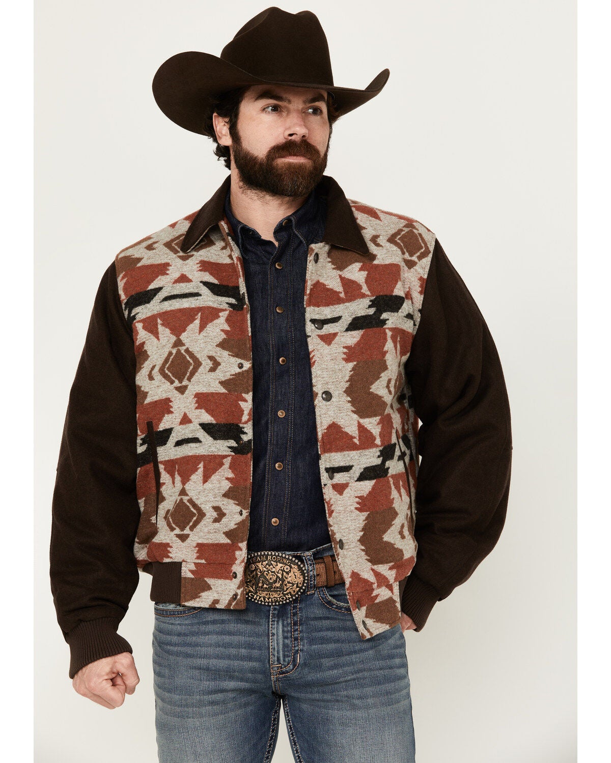 Cripple Creek Men's Brown Navajo Blanket Print Snap-Front Bomber Jacket, Brown, hi-res