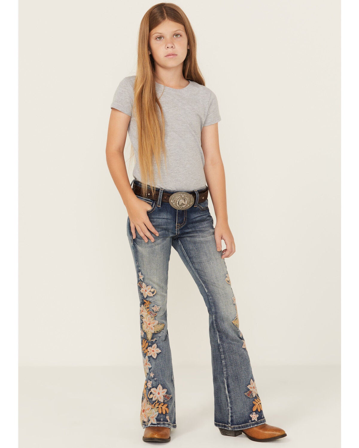 Grace In LA Girls' Light Wash Floral Embroidered Flare Stretch Denim Jeans, Blue, hi-res