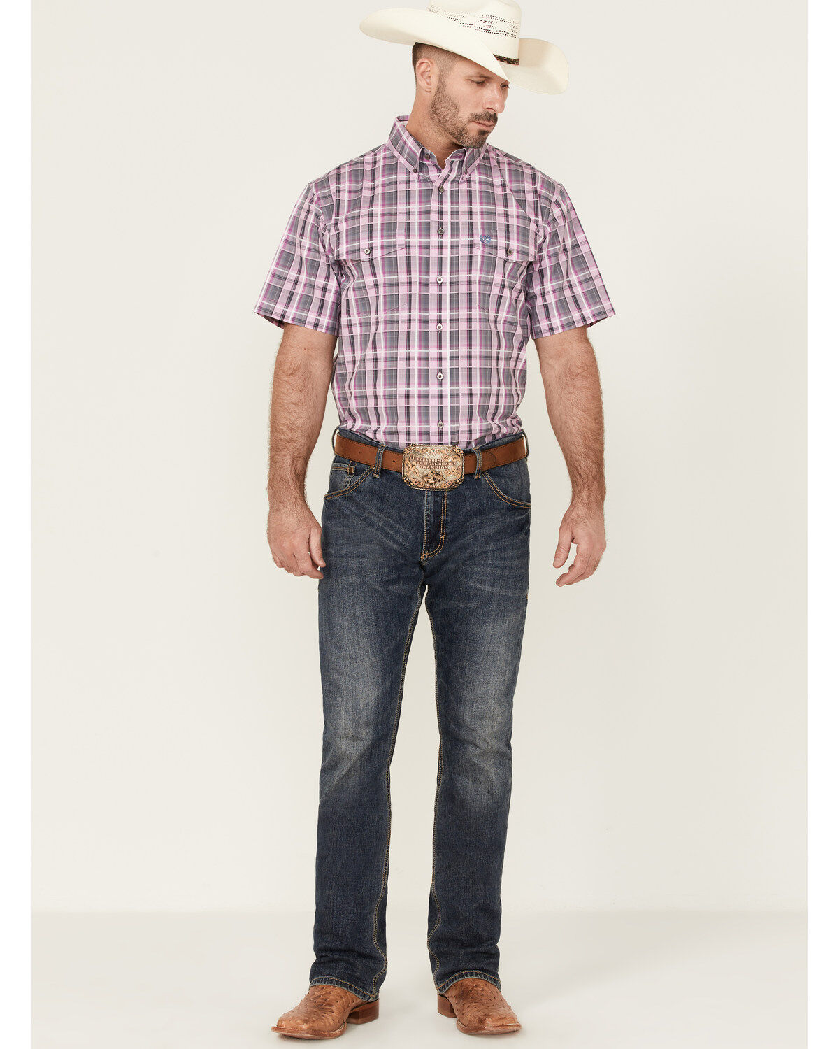 Image #2 - Panhandle Select Men's Small Plaid Print Short Sleeve Button-Down Western Shirt, , hi-res