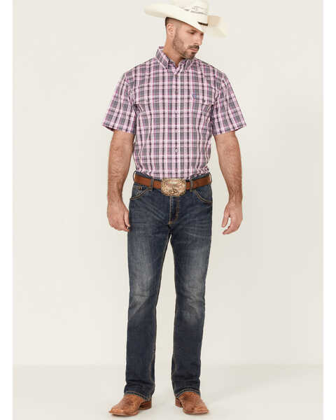 Panhandle Select Men's Small Plaid Print Short Sleeve Button Down Western Shirt , Purple, hi-res