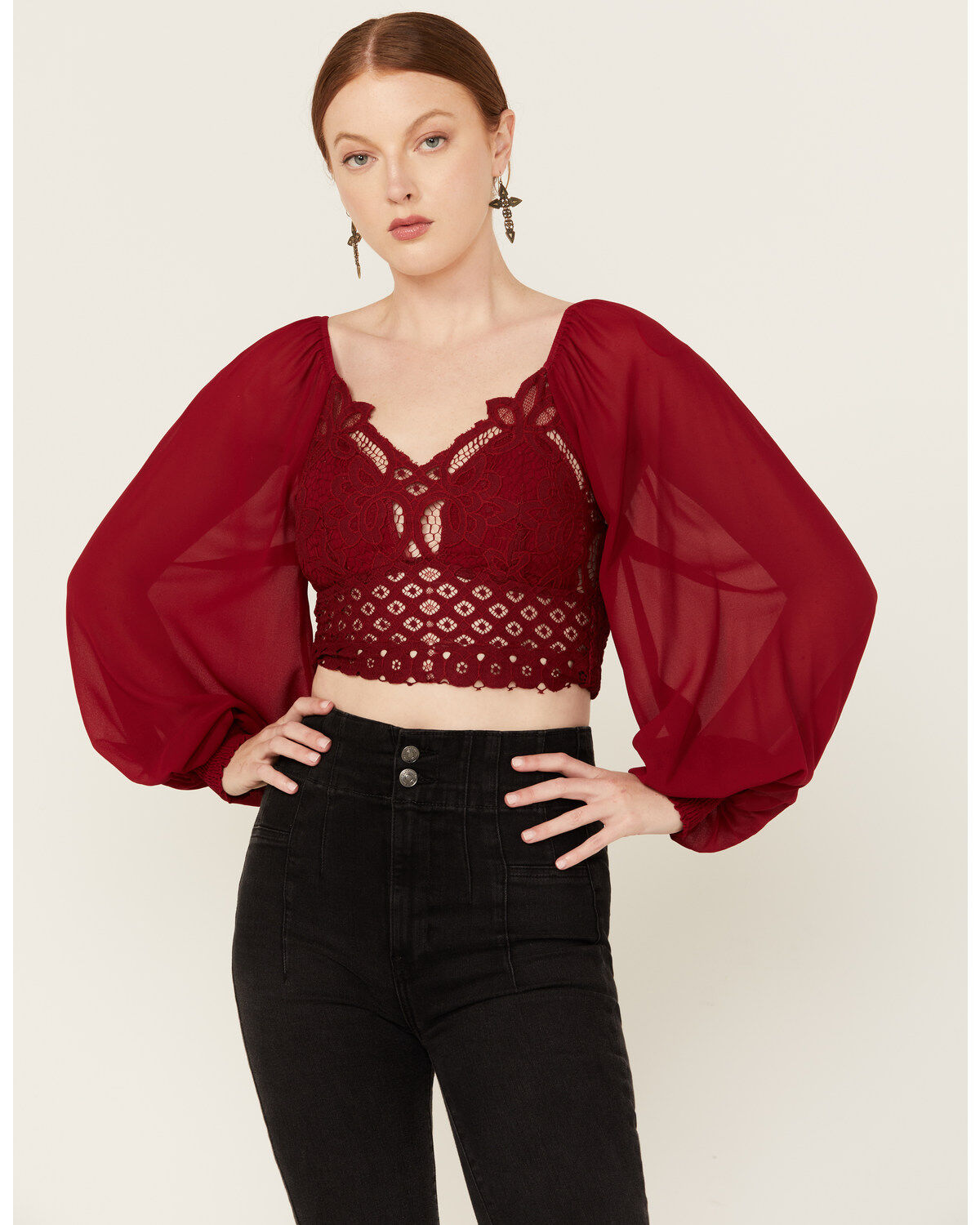 Image #1 - Flying Tomato Women's Crochet Front Long Sleeve Top, , hi-res