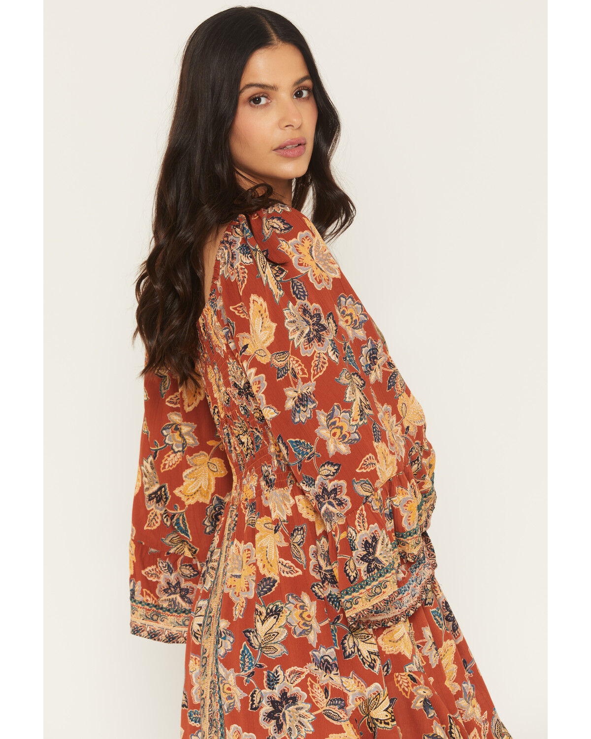 Image #2 - Angie Women's Floral Knot Front Long Sleeve Midi Dress, Rust Copper, hi-res