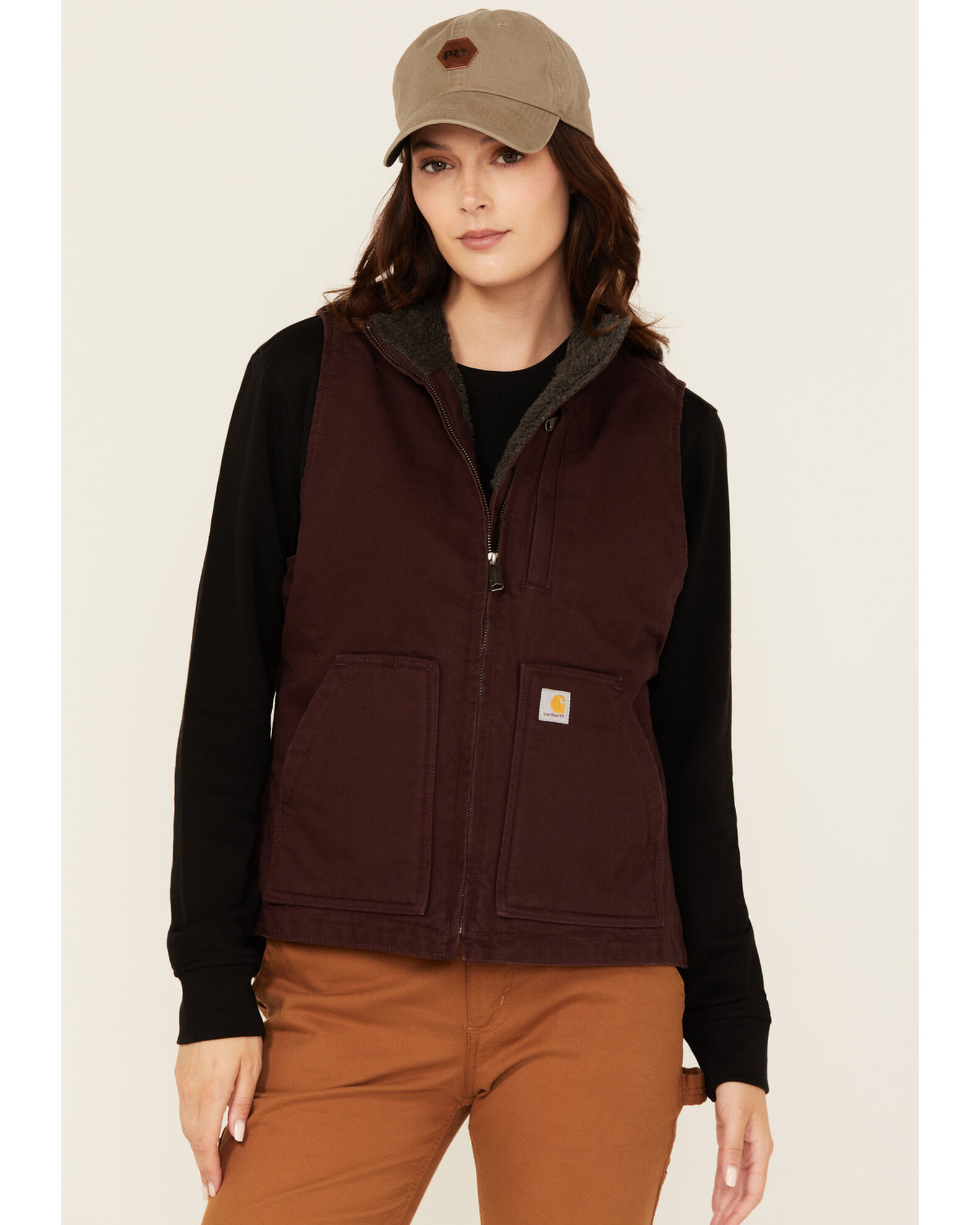 Image #1 - Carhartt Women's Washed Duck Sherpa Lined Relaxed Fit Vest, Purple, hi-res