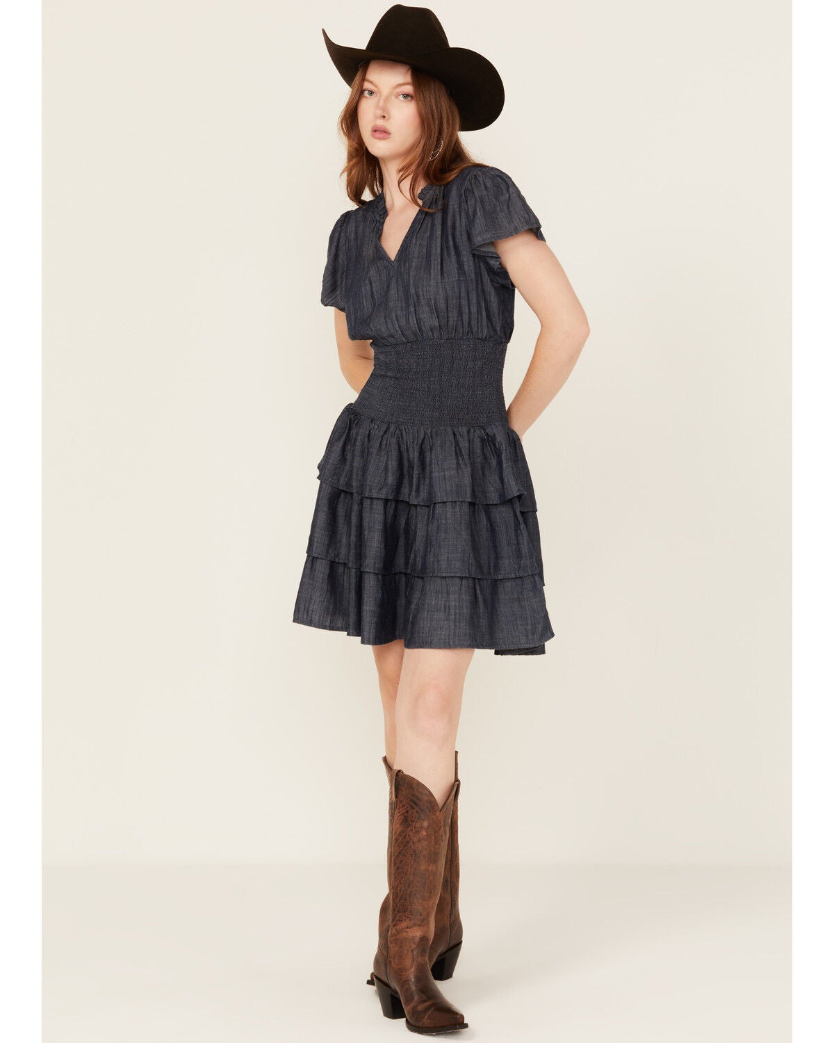 Ariat Women's Stellar Tiered Short Sleeve Mini Denim Dress, Navy, hi-res
