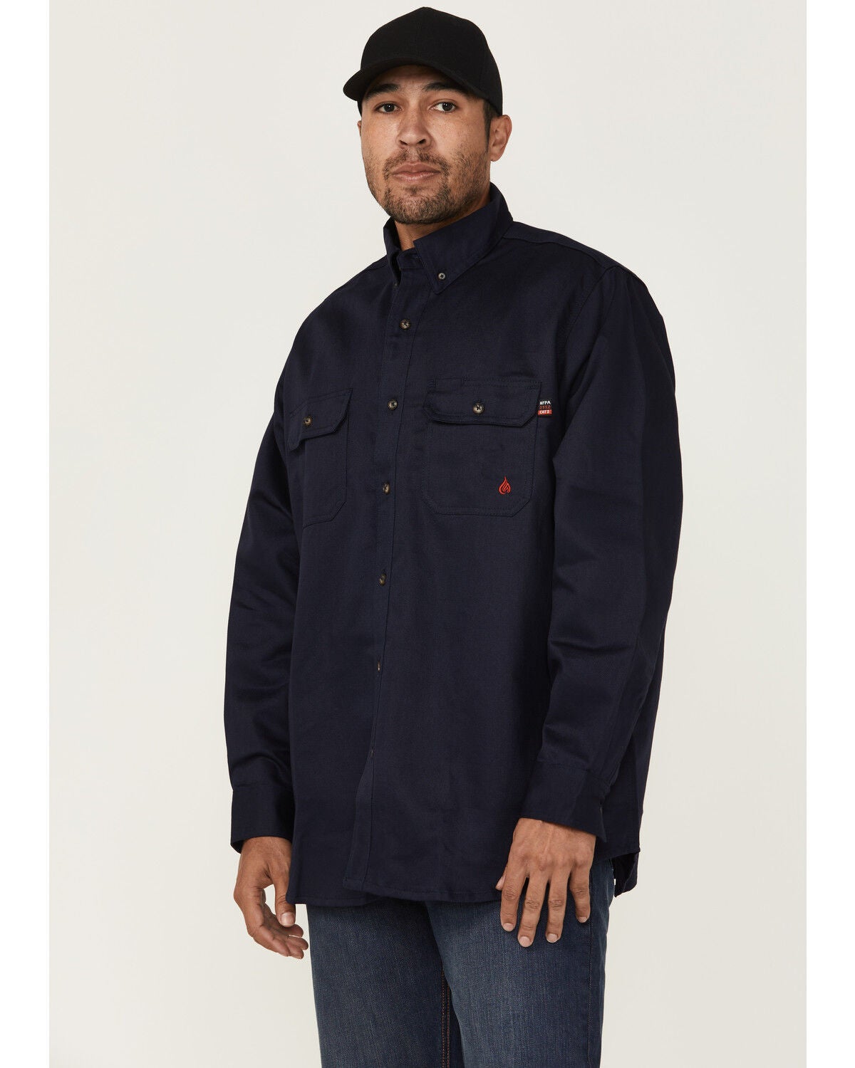 Forge Workwear Men's FR Solid Long Sleeve Button-Down Work Shirt, Navy, hi-res