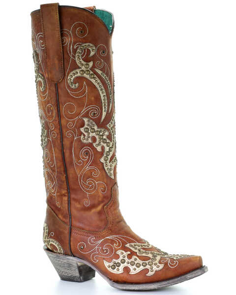 Image #1 - Corral Women's Brown Studded Overlay Western Boots - Snip Toe, Brown, hi-res